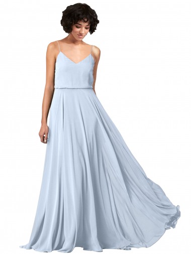 V-Neck Blouson Waist Long Chiffon Bridesmaid Dress with Straps