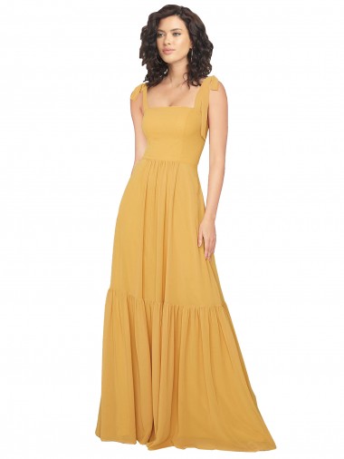 Tied Strap Square Neck Long Chiffon Bridesmaid Dress
