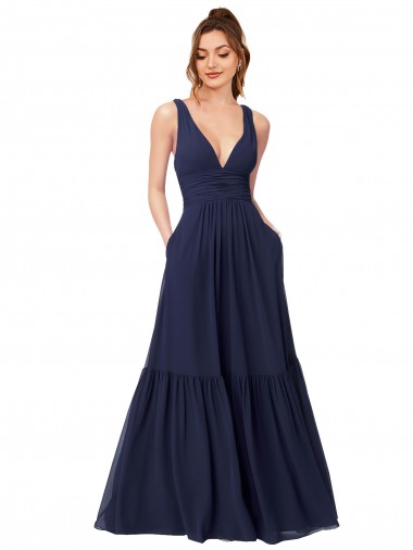 Floor Length Deep V-Neck Ruched Chiffon Long Bridesmaid Dress