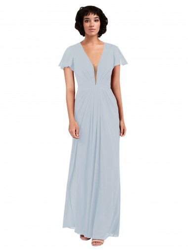 Deep V-Neckline Chiffon Bridesmaid Dress with Flutter Sleeves