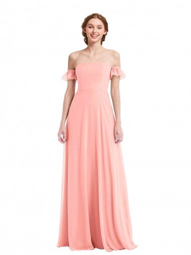 Off the Shoulder Ruffle Cuff Sleeve Chiffon Maxi Bridesmaid Dress