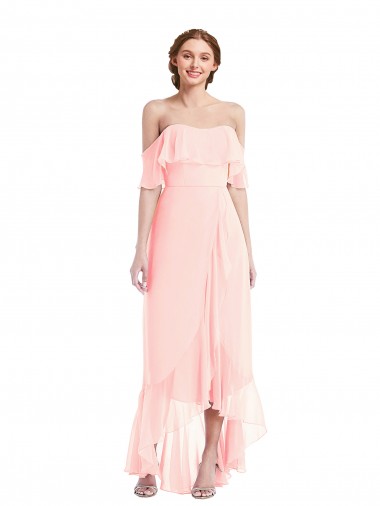 Off the Shoulder Ruffled High Low Maxi Bridesmaid Dress
