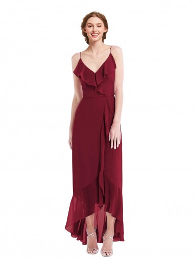 Ruffle Trimmed V-Neck High Low Wrap Chiffon Bridesmaid Dress