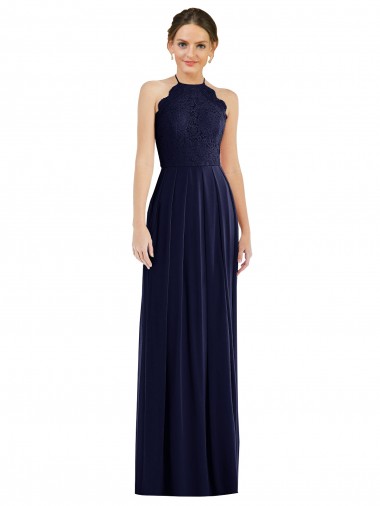 Tie Neck Lace Halter Pleated Skirt Maxi Bridesmaid Dress