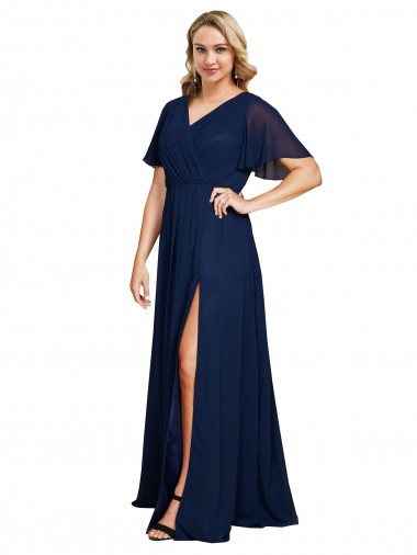 Chiffon V-Neck Short Sleeves Long Bridesmaid Dress with High Slit