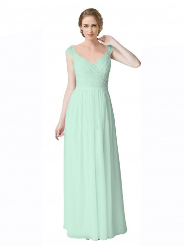 Long Chiffon Bridesmaid Dress with Corded Lace V-Neck Bodice