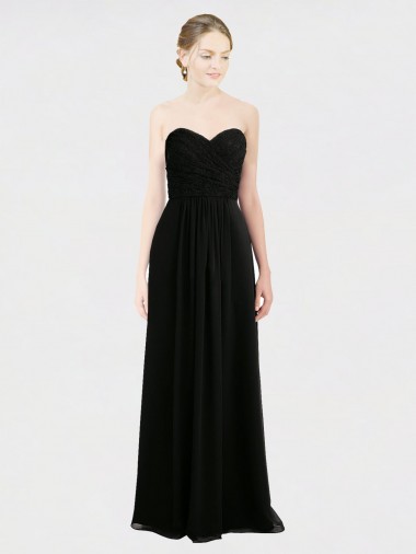 Long Strapless Lace Bodice Bridesmaid Dress with Sweetheart Neckline and Criss-Cross Pleats