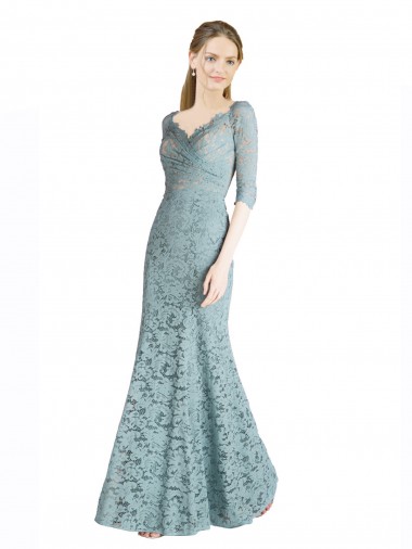 Half Sleeves Pleated Lace Bridesmaid Dress with Wrap-Around Portrait Neckline