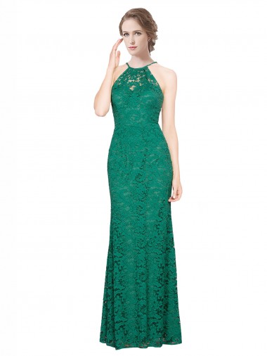 High Illusion Halter Neck Long Lace Bridesmaid Dress