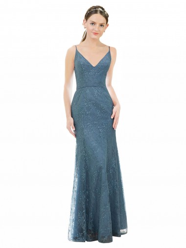 Deep V-Neck All Over Chantilly Lace Bridesmaid Dress with Criss Cross Open Back