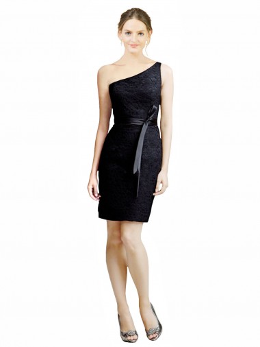 One Shoulder Short Lace Bridesmaid Dress with Satin Waistband