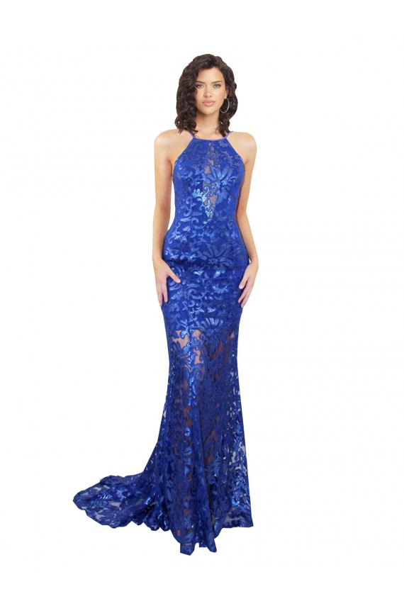 High Neck Long Open Back Lace Bridesmaid Dress with Train