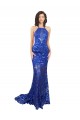 High Neck Long Open Back Lace Bridesmaid Dress with Train
