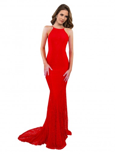 High Neck Long Lace Bridesmaid Dress with Open Back Straps