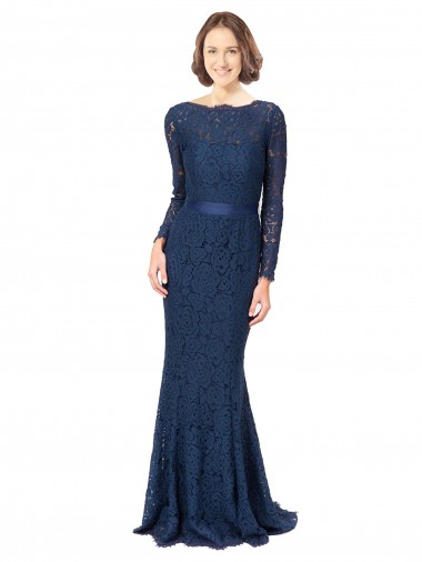 Long Sleeves Floor Length Vintage Lace Bridesmaid Dress with Deep V-Back