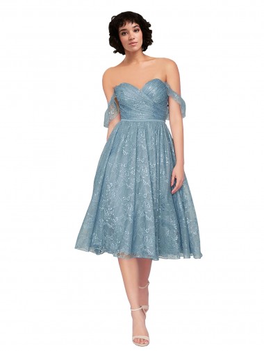 Off the Shoulder Sweetheart Chantilly Lace Midi Length Bridesmaid Dress