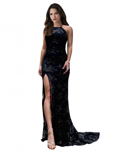 High Neckline Lace Open Back Bridesmaid Dress with High Slit