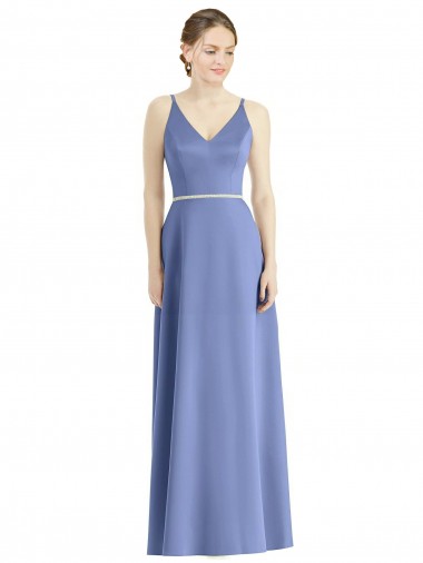 Long Floor Length V-Neck Satin Bridesmaid Dress with Spaghetti Straps