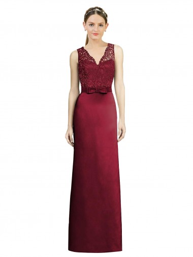 Full Length Sleeveless Satin Bridesmaid Dress with Lace Bodice