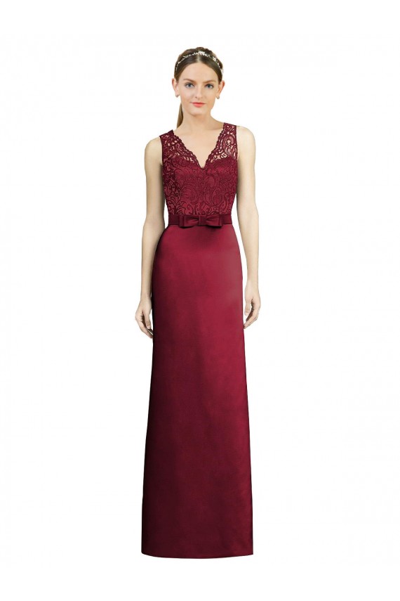 Full Length Sleeveless Satin Bridesmaid Dress with Lace Bodice