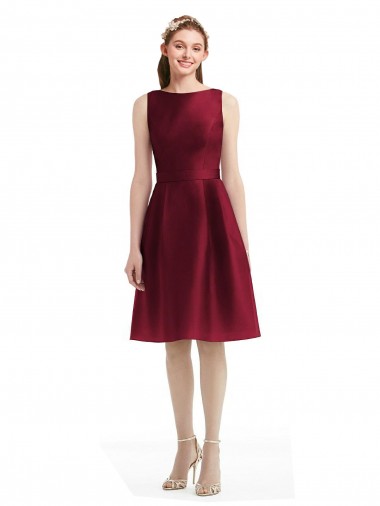Short Midi Length Satin Bridesmaid Dress with Bateau Neckline and V-Back