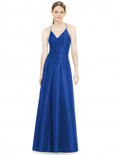 Full Pleated V-Neck Long Satin Bridesmaid Dress with Criss Cross Open Back