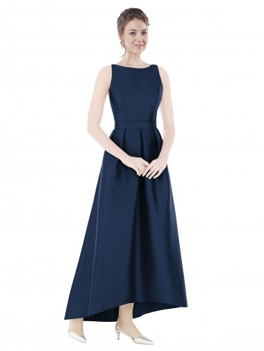 Full Length Sleeveless Long Satin Bridesmaid Dress with High Low Hem Detail
