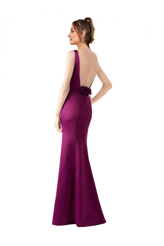 Fitted Sexy Open Back Satin Bridesmaids Dress with Floral Details