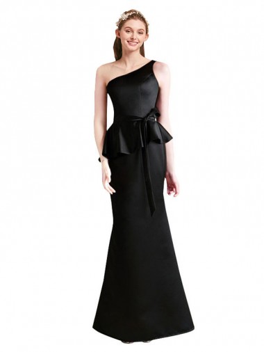 Long One Shoulder Satin Bridesmaid Dress with Bow Ties