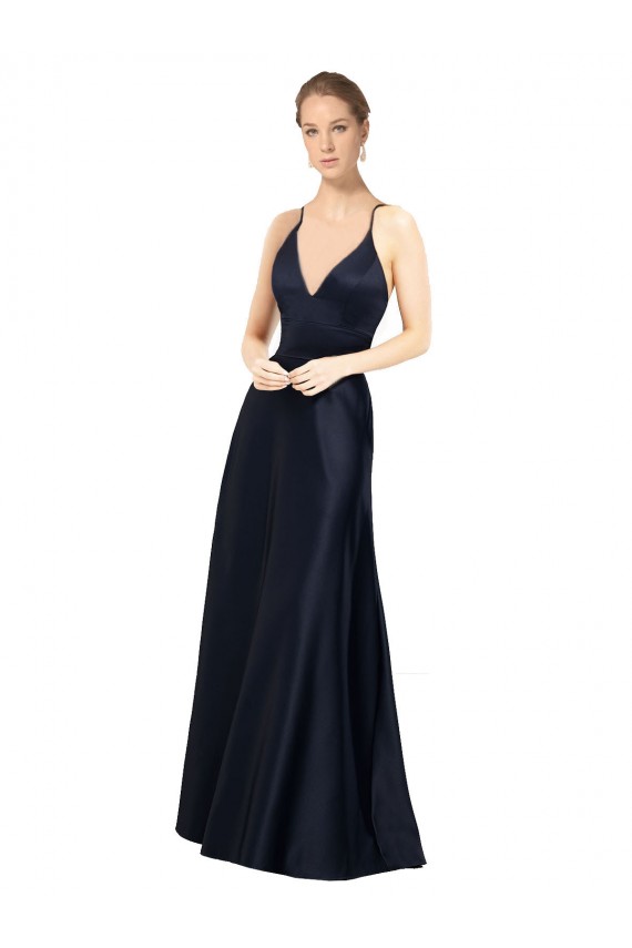 Sexy Satin Bridesmaids Dress with Deep V-Neckline and Strappy Back