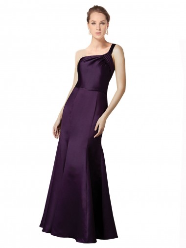 Long Ruched Neckline One Shoulder Satin Bridesmaid Dress