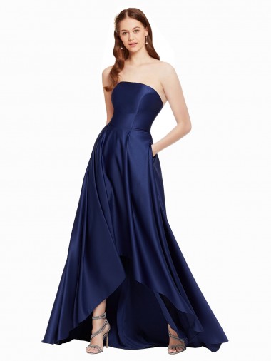High Low Strapless Satin Bridesmaid Dress with Pockets