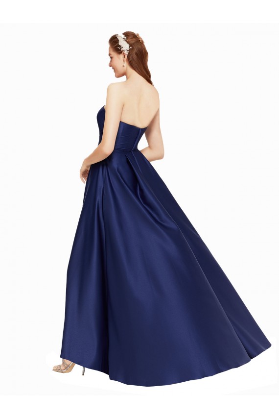 High Low Strapless Satin Bridesmaid Dress with Pockets