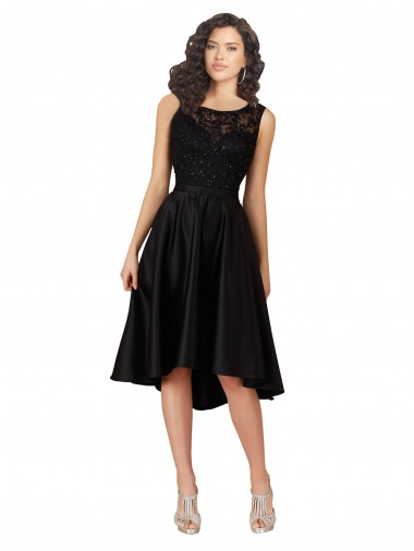 Short High Low Satin Bridesmaid Dress with a Beaded and Embroidered Bodice