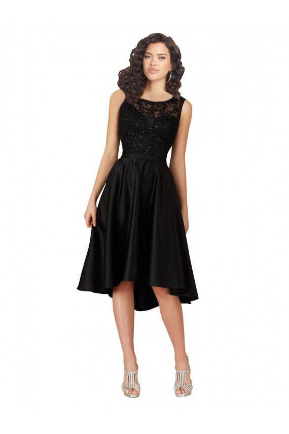Short High Low Satin Bridesmaid Dress with a Beaded and Embroidered Bodice