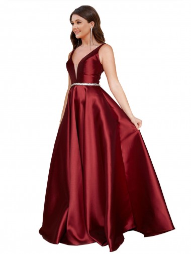 Sleeveless Deep V-Neck A-Line Satin Bridesmaid Dress with Pockets