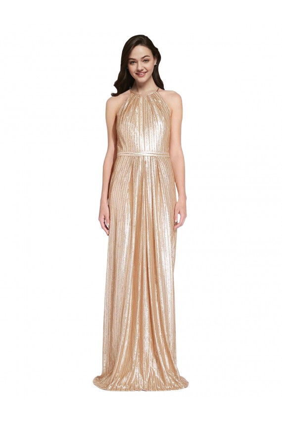Floor Length Halter Neck Sparkling Sequin Bridesmaid Dress with Pleats