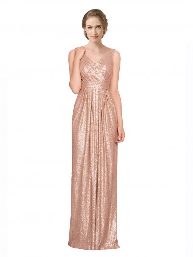 Draped V-Neck Striking Sheath Floor Length Sequin Bridesmaid Dress