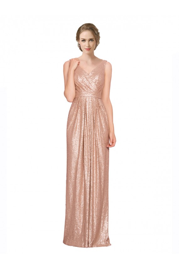 Draped V-Neck Striking Sheath Floor Length Sequin Bridesmaid Dress