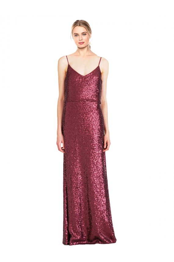 High Neck Halter Long Slim Sequin Bridesmaid Dress with V-Neck and Blouson Bodice