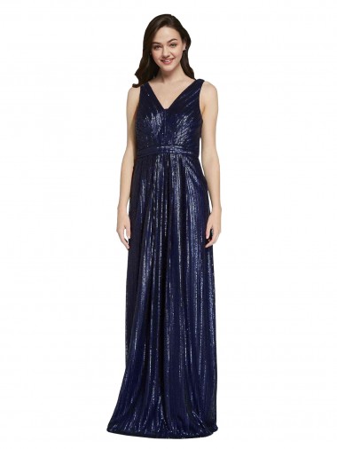 Long V-Neck Sparking Sequin Bridesmaid Dress with Low V-Back