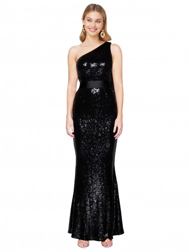 Draped One Shoulder Long Full Length Sequin Bridesmaid Dress