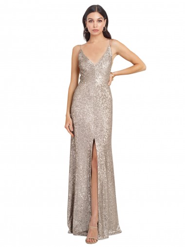 V-Neck Fully Sequin Bridesmaid Dress with V-Back and Front Slit