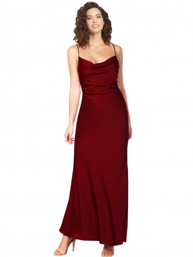Cowl Neck Low Back Silky Satin Bridesmaid Dress with Thin Back Straps