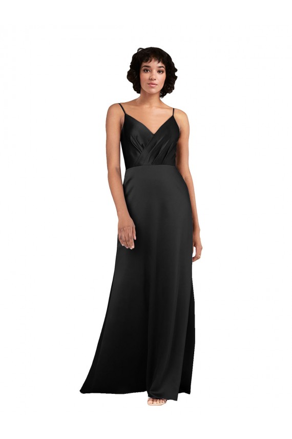 Full Length V-Neckline Silky Satin Bridesmaid Dress with Spaghetti Straps