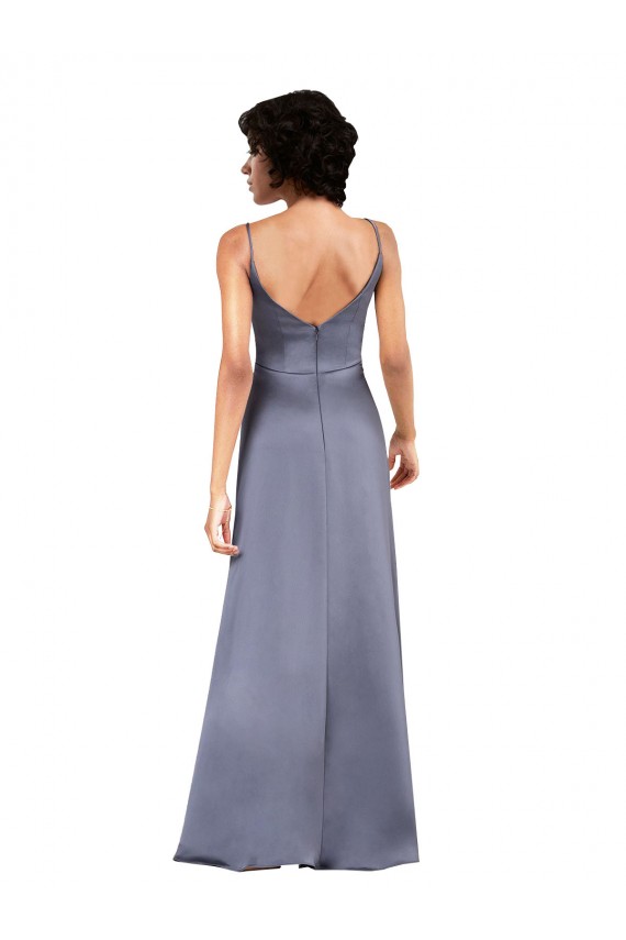 Full Length V-Neckline Silky Satin Bridesmaid Dress with Spaghetti Straps