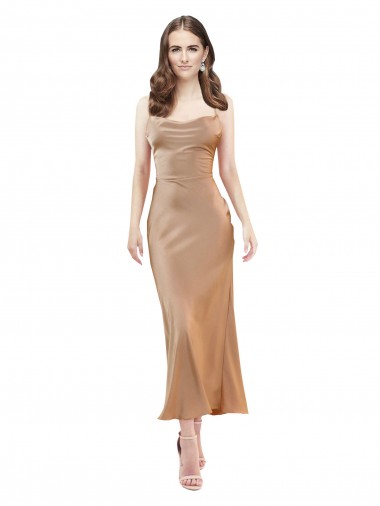 Cowl Neck Silky Satin Midi Length Bridesmaid Dress Low Back