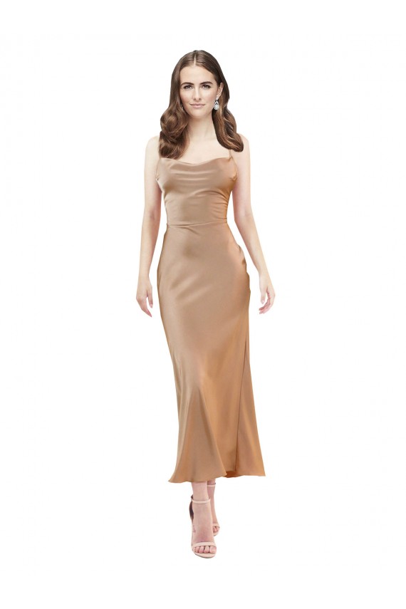 Cowl Neck Silky Satin Midi Length Bridesmaid Dress Low Back