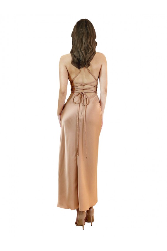 Cowl Neck Silky Satin Midi Length Bridesmaid Dress Low Back