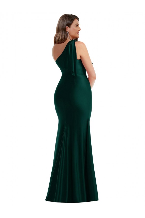Cascading Bow One Shoulder Silky Satin Mermaid Bridesmaid Dress with Front Slit